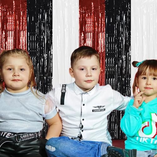 Image of TONIFUL Black Red White Door Streamers,Black Red and White Photo Booth Backdrop Metallic Streamers Foil Fringe Curtain for Birthday,New Year,Graduation,Grad,Baby Shower Party Streamers Decoration