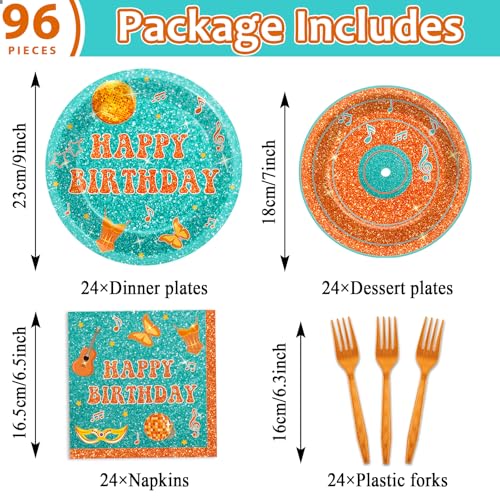 Image of 96PCS Popular Singer Birthday Party Paper Plates and Napkins Music Lover Party Decoration Pop Singer Theme Party Supplies Orange Green Glitter Tableware Set Serves 24 Guests Girls Baby Shower Favor