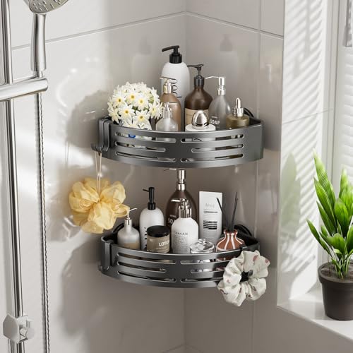 Corner-Shower-Caddy-Suction-CupShower-Shelves-with-HooksNo-Drilling-Powerful-Suction-Bathroom-Organizers-and-StorageRemovable-Waterproof-Rustproof-Shower-Bathroom-Accessories-DecorGrey-2Pack