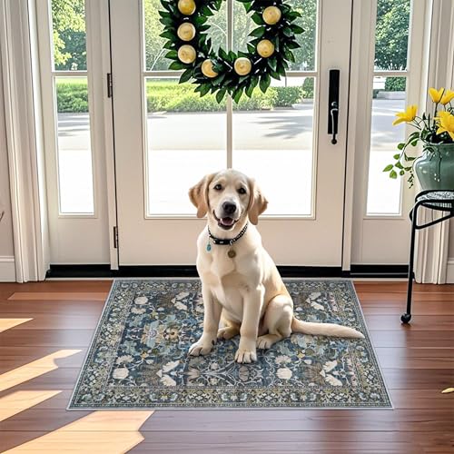 Washable 2x3 Runner Rug for Entryway: Easy-Clean Carpet with Non-Slip Backing for Bedroom Kitchen Stain-Resistant Shedding-Free Floor Mat – Perfect for High-Traffic Areas with Pets (2x3,Floral/Blue)