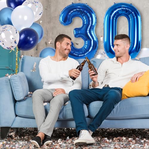 Image of Number 30 Balloon Pastel Blue for Kids, XXL 30th Birthday Decor Foil Balloon Dark Navy Blue with Silver Confetti Helium Balloon, 40 Inch Balloon 30 for Women Birthday Party Men Anniversary Decorations