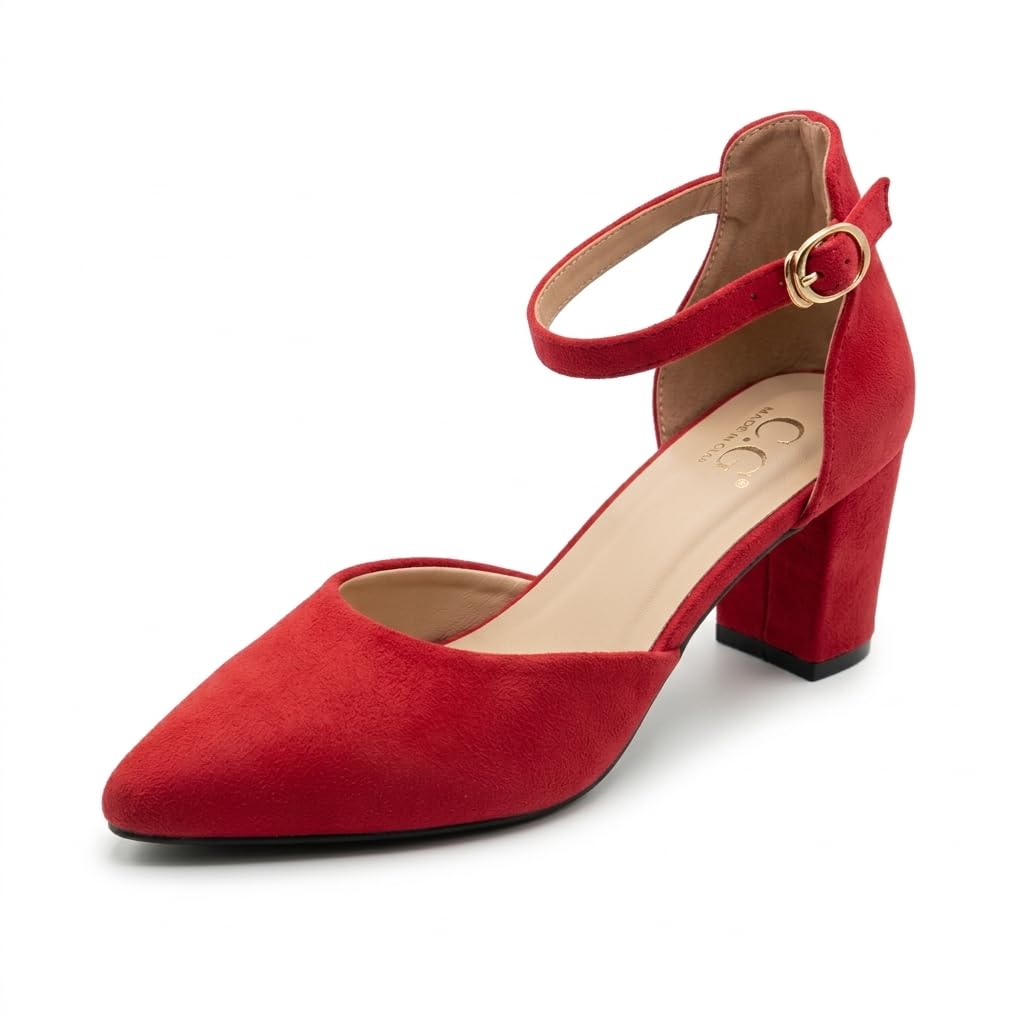 Women's Red Block Heel Sandals with Ankle Strap Buckle, Pointed Toe Closed Front Party Use Heels for Women & Girls BL008-BL010-image-25