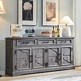 JXQTLINGMU 66' Large Buffet Sideboard Cabinet with 4 Doors and 3 Drawers, Buffet Table Coffee Bar Wine Bar Storage Cabinet for Dining Room, Living Room, Weatherworn Grey
