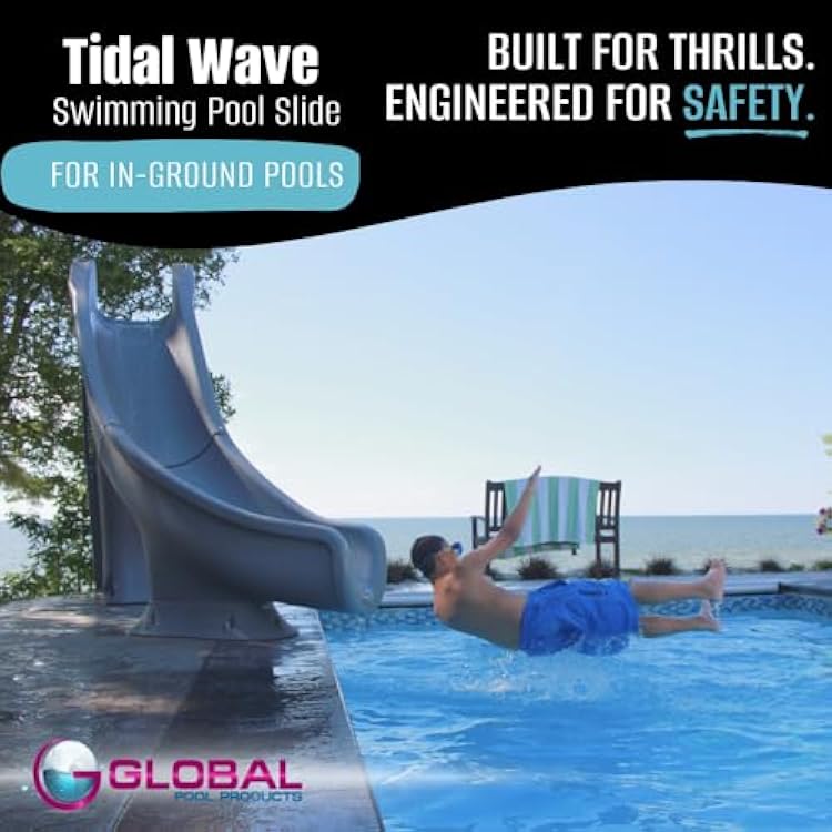 Global Pool Products Tidal Wave Inground Swimming Pool Water Slide Deck Mounted Left Curve Turn Grey GPPSTW-Grey-L
