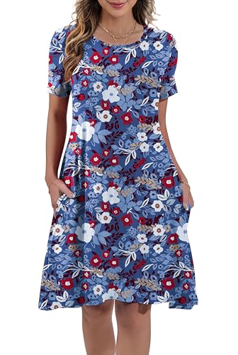Image of REGAI Womens Summer Dresses Casual Loose Tshirt Crew Neck Floral Short Sleeve Flowy Pockets Sundresses, Floral Dark Blue 202507, XL