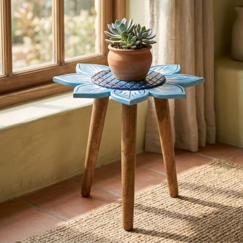 Image of Beautiful Antique Wooden Fold-able Side Table /End Table /Plant Stand /Stool Living Room Kids Play Furniture Table Round Sunflower Shape