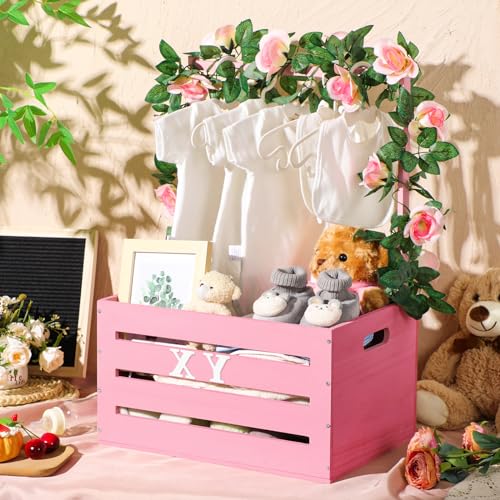 Image of Barydat Wooden Baby Crate Closet, Baby Basket with Handle and Garland Storage Hamper Shower Wooden Gift Crate Letters Self Adhesive for Pregnancy New Parent(Pink)