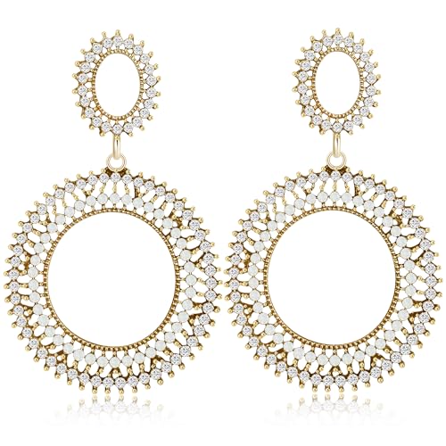 JUNENTER ボヘミアン ラージジオメトリ スパークリングクリスタル 14K ゴールド 軽量 スタッドピアス 上品なサークル型 中空 ウェディング ダングル ドロップピアス レディース ジュエリー ギフト (ブルー)