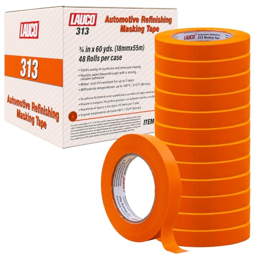 LAUCO Orange Automotive Refinishing Masking Tape 0.75 in x 60 yd (48 Rolls) – Autobody Painters Tape, UV, Moisture &amp; Heat Resistant, No Residue, Multi-Purpose Bulk 19540