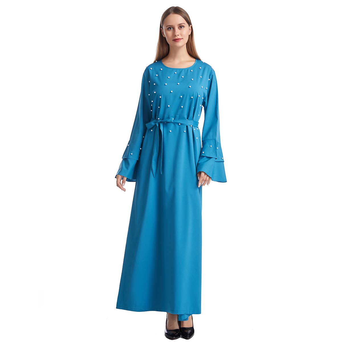 Arab Muslim Islamic Women's Long Sleeve Abaya Robe Waist Tie Stylish Long Maxi Dress Blue TH937