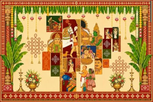 Image of Wedding Backdrop Cloth | Traditional Indian Folk Art Backdrop with Banana Plants and Muggu Art, Festive Backdrop for Home Puja | Backdrop varalakshmi Pooja 8x8 feet