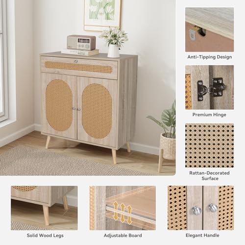 ARTETHTS Buffet Cabinet with Storage Drawer Sideboard Storage Cabinet with PE Rattan Decor Doors Accent Cabinet with Solid Wood Feet, Sideboard Cabinet for Hallway, Entry, Living Room, Natural