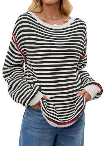 Striped Sweater Women Fall Lightweight Sweaters Loose Fit Jumpers Oversized Boat Neck Knit Tops