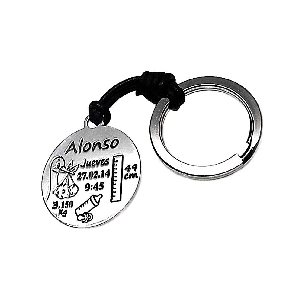 Llavero Plata Ley 925m Cuero Nacimiento Disco 30mm. Personalizado cigüeña bebé biberón Chupete Metro - Personalizable - GRABACIÓN INCLUIDA EN EL Precio