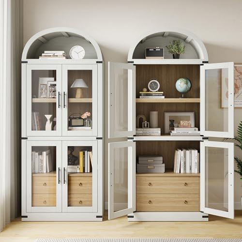 GarveeHome Arched Bookshelf with Doors and Drawers Farmhouse Bookcase 15.83in Depth Display Storage Shelves 71.4in Tall Wooden Display Cabinet Rounded Bookcases (White)