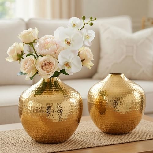 Image of BEHOMA Metal Hammered Flower Vase Set of, Golden - Set of 2 | Hammered Metal flower vase in Golden - for fresh or artificial flower displays for bedroom - great wedding gift (Set of 2)