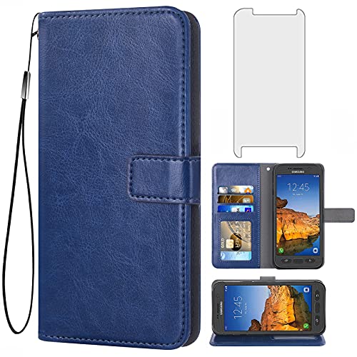 Asuwish Compatible with Samsung Galaxy S7 Active Wallet Case Tempered Glass Screen Protector and Leather Card Holder Phone Cases for Glaxay S7Active Gaxaly S 7 Active 7s Galaxies G891A Women Men Blue