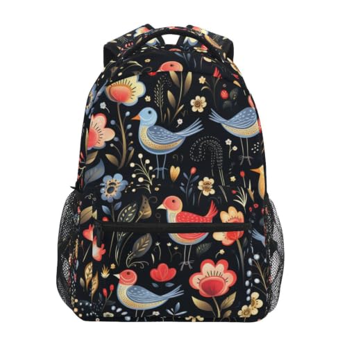 Sac à dos oiseaux et fleurs noirs pour étudiants et voyage