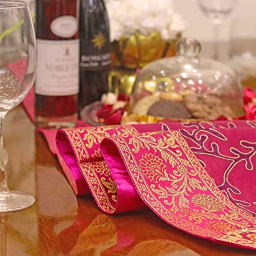Image of Ari Zari Embroidery Table Runner for Dining Table 6 Seater 72IN Indian Satin Traditional Long Runner Up with Tassels Tablecloth for Room & Home Runner (Pink)