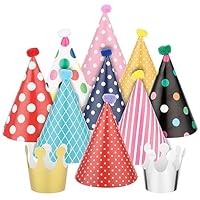11 Stück Partyhüte Set - Bunte Kegel Hüte Zum Geburtstag - 9 Mit Pompoms Und 2 Kronen - Für Familienfeiern, Kinder Und Erwachsene