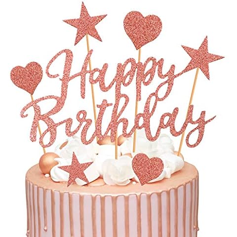 Humairc Rose Gold Cake Toppers 2 Set, 22 Pieces Happy Birthday Cake Toppers Sparkling Rose Gold Birthday Anniversary Wedding Cake Toppers for Girls Ladies Cake Decorating Cover