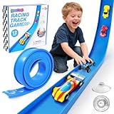 Flex Track 12 Ft Starter Set: Portable Rolls Up Race Tracks for Kids 3+ - DIY Race Car Ramp Track with Suction Cups - Flexible Race Track Compatible with Diecast 1/64th Cars - Birthday Gift for Boys