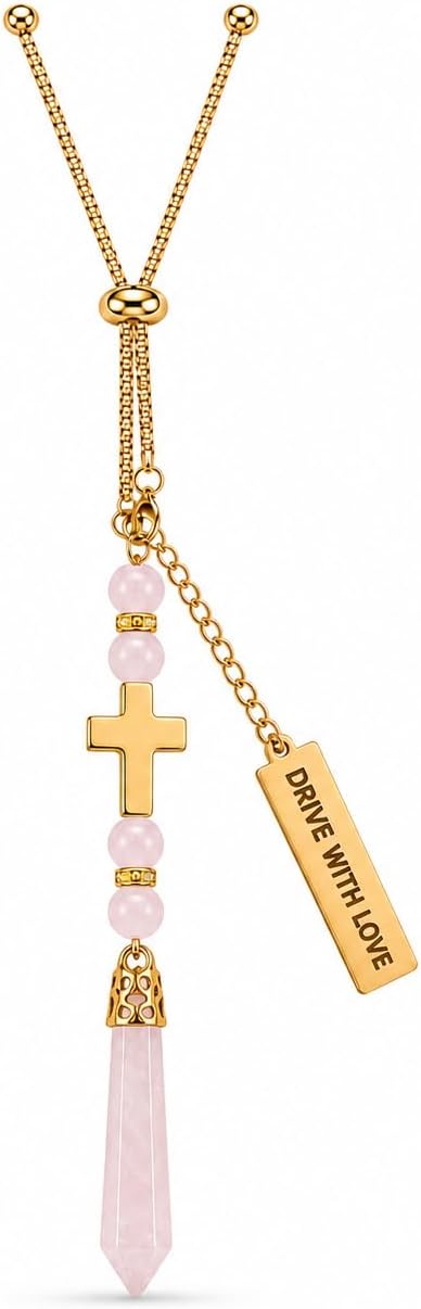 Cross Car Mirror Hanger, Natural Rose Quartz Car Hanging Ornament (Pink)