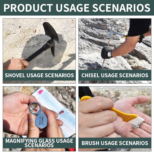 16 PCS Geology Rock Pick Hammer Kit, 22oz Hammer & 3 PCS Digging Chisels Set for Rock Hounding, Gold Mining & Prospecting Equipment Tool Gear Shovel Musette Backpack,Magnifying Glass, Goggles,Whistle - Thumbnail 5