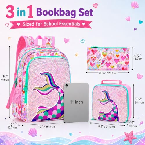Image of CCJPX 16 inch Mermaid Backpack for Girls, 3Pcs Kids Sequin Bookbag with Lunch Box, Water Resistant Elementary School Bag for Kindergarten Preschool Toddler (Pink)