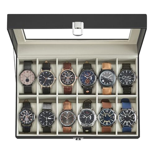 SONGMICS Watch Box, 12-Slot Watch Case with Large Glass Lid, Removable Watch Pillows, Watch Box Organizer, Gift for Loved Ones, Black Synthetic Leather, Christmas Gift, Greenish Beige Lining UJWB12BE