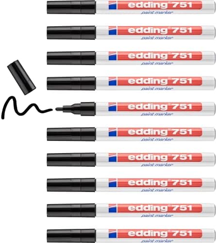 edding 751 paint marker - black - 10 pens - round tip 1-2 mm - paint marker for marking and labelling metal, glass, rocks or plastic - heat-resistant, permanent, smudge-proof and waterproof