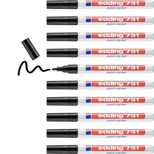 edding 751 Lackmarker - schwarz - 10 Stifte - Rundspitze 1-2 mm - Lackstift zur Markierung und Beschriftung von Metall, Glas, Stein oder Kunststoff - hitzebest&auml;ndig, permanent, wischfest