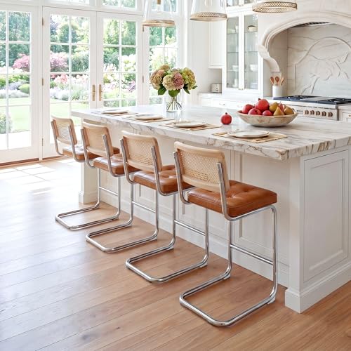 Image of Zesthouse Natural Rattan Bar Stools Set of 4, Modern Counter Height Stools with Solid Wood Back, 26'' Counter Height Chairs, Mid Century Cantilevered Bar Chairs for Kitchen Island, Faux Leather Brown