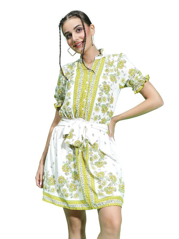 Image of oxolloxo Women Scarf Floral Print with Elasticated Waist Tie-Knot Belt Detail Dress with Short Sleeve