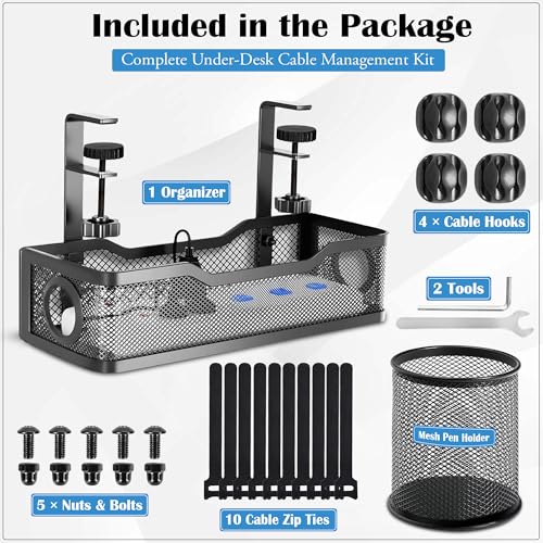 Image of GLUN Adjustable Under Desk Cable Organizer Rack, Screw-Fixed Wire Management Tray for Power Cord, Extension Board & Network Cables, Black Includes 10 Cable Ties & 4 Cable Organizers