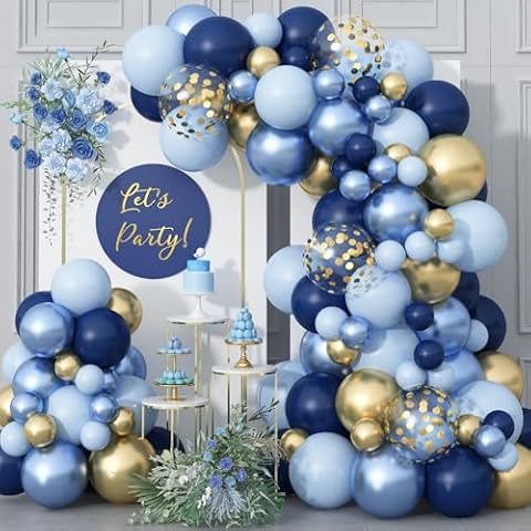 Blue Gold Balloons Garland Arch Kit, Navy Blue Light Blue Metallic Gold Blue Balloon Arch Kit, Macaron Blue Gold Confetti Balloon for Birthday Wedding Graduation Baby Shower Party Decorations Cover