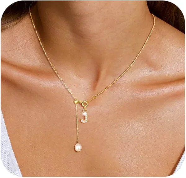 Gold Pearl Initial Necklaces for Women, Dainty Gold Letter Necklace Tiny A-Z Pendant Choker Necklaces Trendy Cute Personalized Slider Chain Name Necklace Jewelry for Women Gift