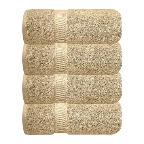 Image of Sulfar 100% Combed Cotton, Quick Drying Highly Absorbent Thick Bathroom Towels, Luxury Bath Towel Set (Pack of 4, 70 X 140 cm) - 600 GSM (Bleach Sand)