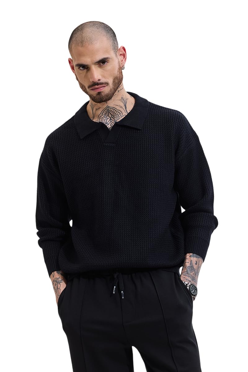snitch Men Sweater | Relaxed Fit Textured Knit Design | Viscose Blend Fabric with Polo Collar & Full Sleeves | Casual & Streetwear Style | Machine Washable-picture-15