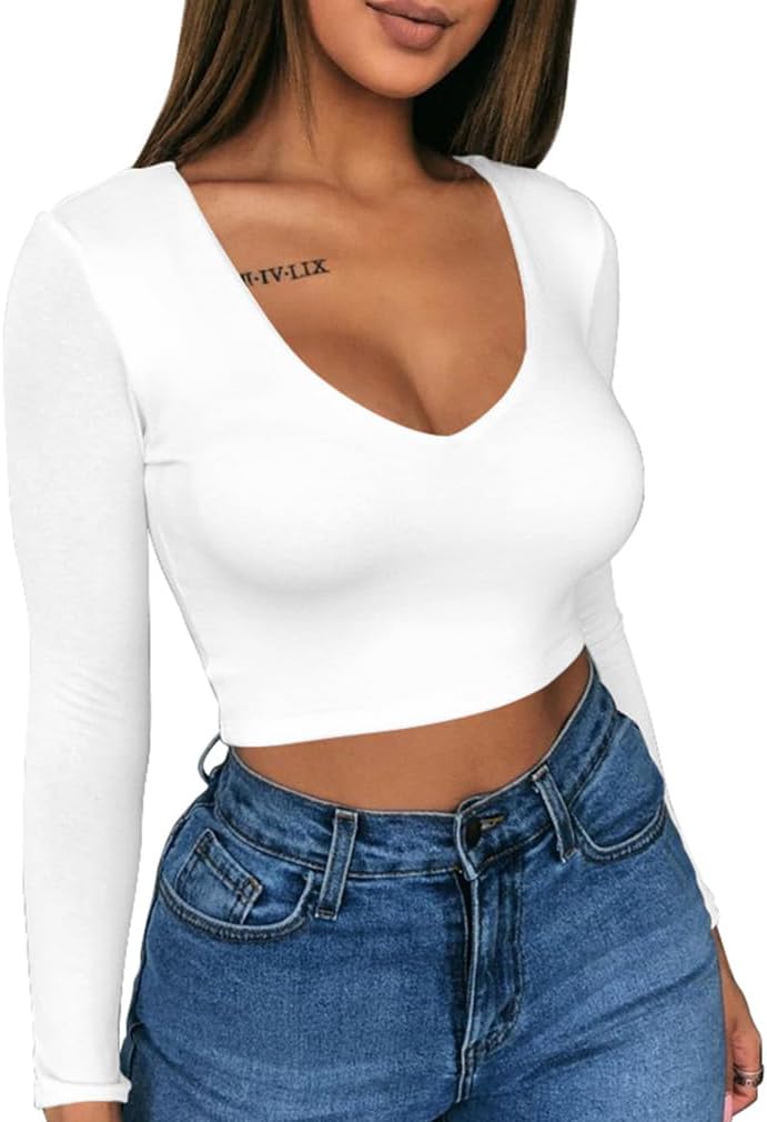 XXTAXN Women's Sexy Bodycon Basic Scoop Neck Long Sleeve Slim Solid Color Crop Top