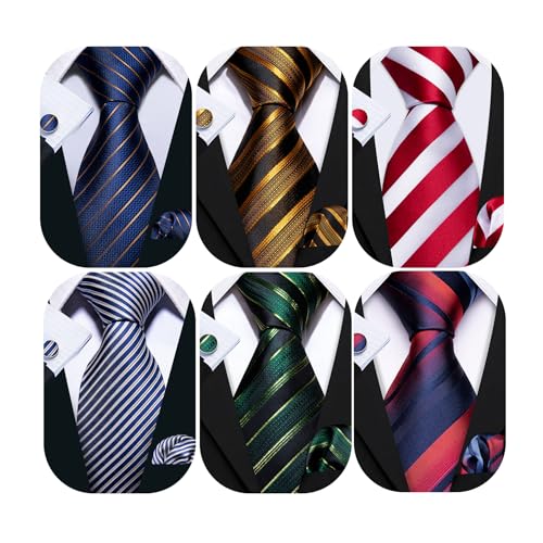 Image of Barry.Wang 6 PCS Men Ties Set Silk Business Fashion Woven Necktie Handkerchief Cufflinks Paisley Stripe Wedding Party