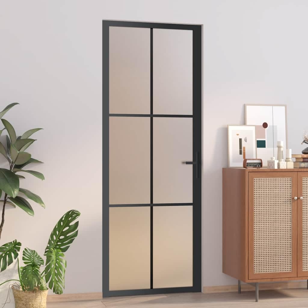 vidaXL Porte Intérieure Porte Vitrée Porte à Panneaux Chambre à Coucher Salle de Bain Maison 76x201,5 cm Noir Verre Mat et Aluminium