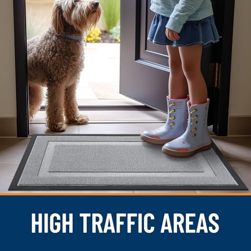 Image of OLANLY Front Door Mat Indoor Outdoor Entrance, Waterproof All-Season, All-Weather Doormat, Sturdy Natural Rubber, Low Profile, Easy Clean Patio Porch Entryway Mat, 71x23, Silver Gray