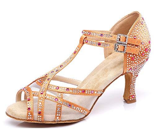 Chaussures de danse latine pour femme orange et jaune avec strass L372 talon 7.5 cm taille 42.5