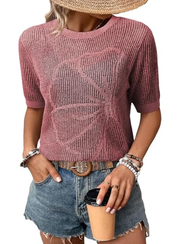 Image of Dokotoo Womens Summer Short Sleeve Crochet Tops Hollow Out Floral Sweaters Beach Vacation Cruise Outfits