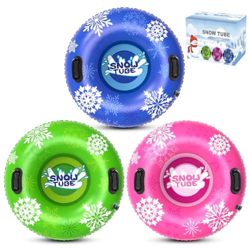 KEUCL Snow Tube, 3Packs for The Whole Family Inflatable Snow Sled for Kids and Adult, Thickened Heavy Duty Hard Bottom Sleds for Snow with Handles, Winter Toys for Outdoor Sledding Snow Tube Sports by KEUCL - Used condition - US$29.11