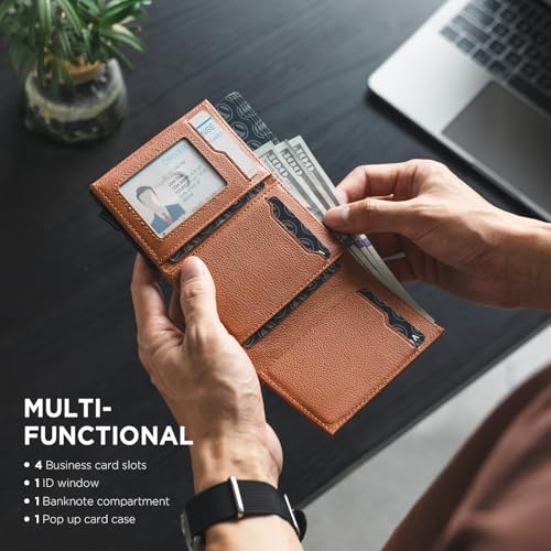 Image of VULKIT Pop up Card Wallet Minimalist Cash Wallets RFID Blocking Leather Smart Credit Card Holder with ID window for Men, Top-Grain Cowhide Litchi Brown, Compact, Minimalist
