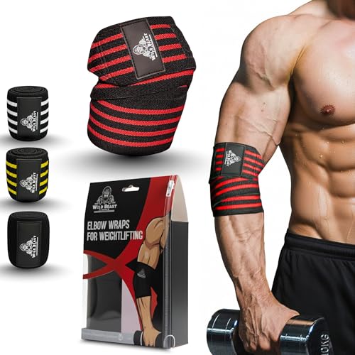 Image of Elbow Wraps for Weightlifting (Pair), Stretchable & Breathable 41 inch Elbow Compression Strap, Weightlifting Straps for Bench Press, Supports Powerlifting, Pressing, Elbow Straps for Gym Accessories for Men (Red)