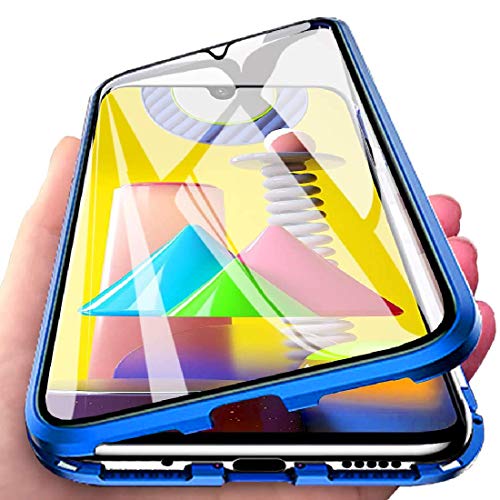 Image of shokproof Magnetic Metal Frame Bumper Glass Back Case Cover for Samsung Galaxy M31 - Blue