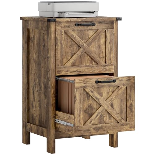 HOMCOM 2 Drawer Vertical File Cabinet with Silent Slides, Rustic Farmhouse Filing Cabinet with Barn Doors for A4/Letter Size, Printer Stand with Storage for Home Office, Rustic Brown